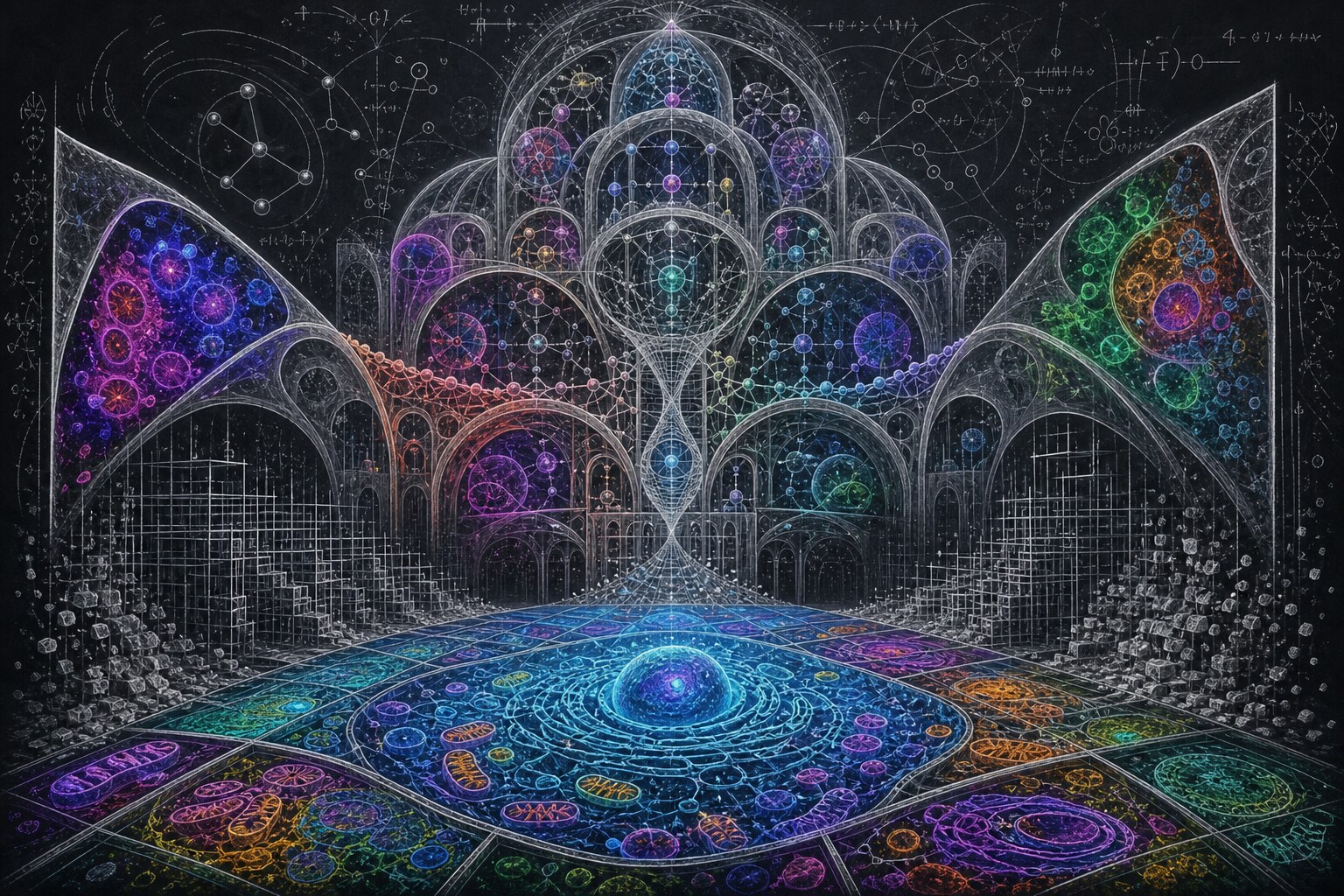 AI-generated conceptual science image in which cell membranes, networks, and microscopy colors rise into a precise architectural structure of theory.