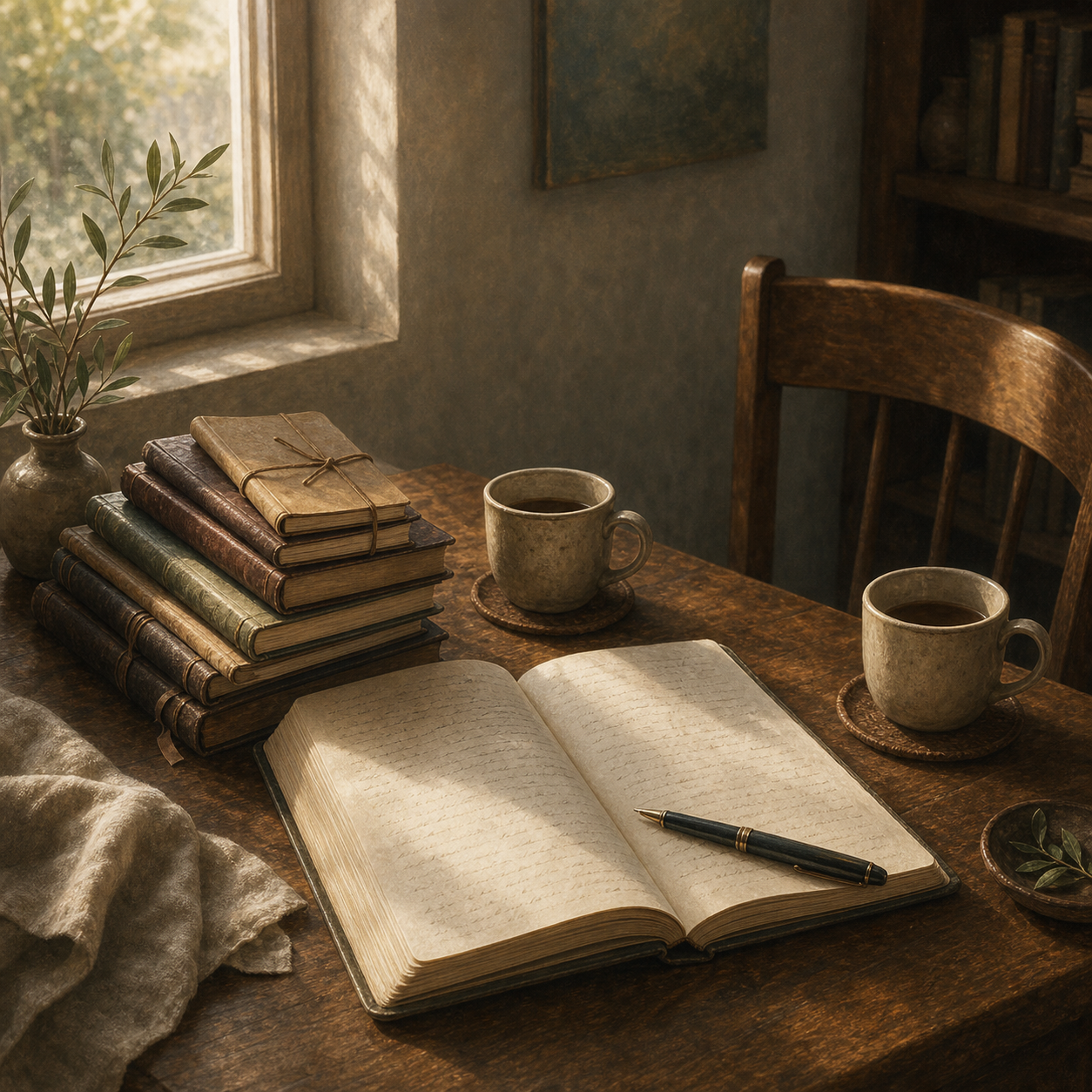 AI-generated editorial illustration of an open journal, a pen, and two cups across a quiet writing desk in morning light.