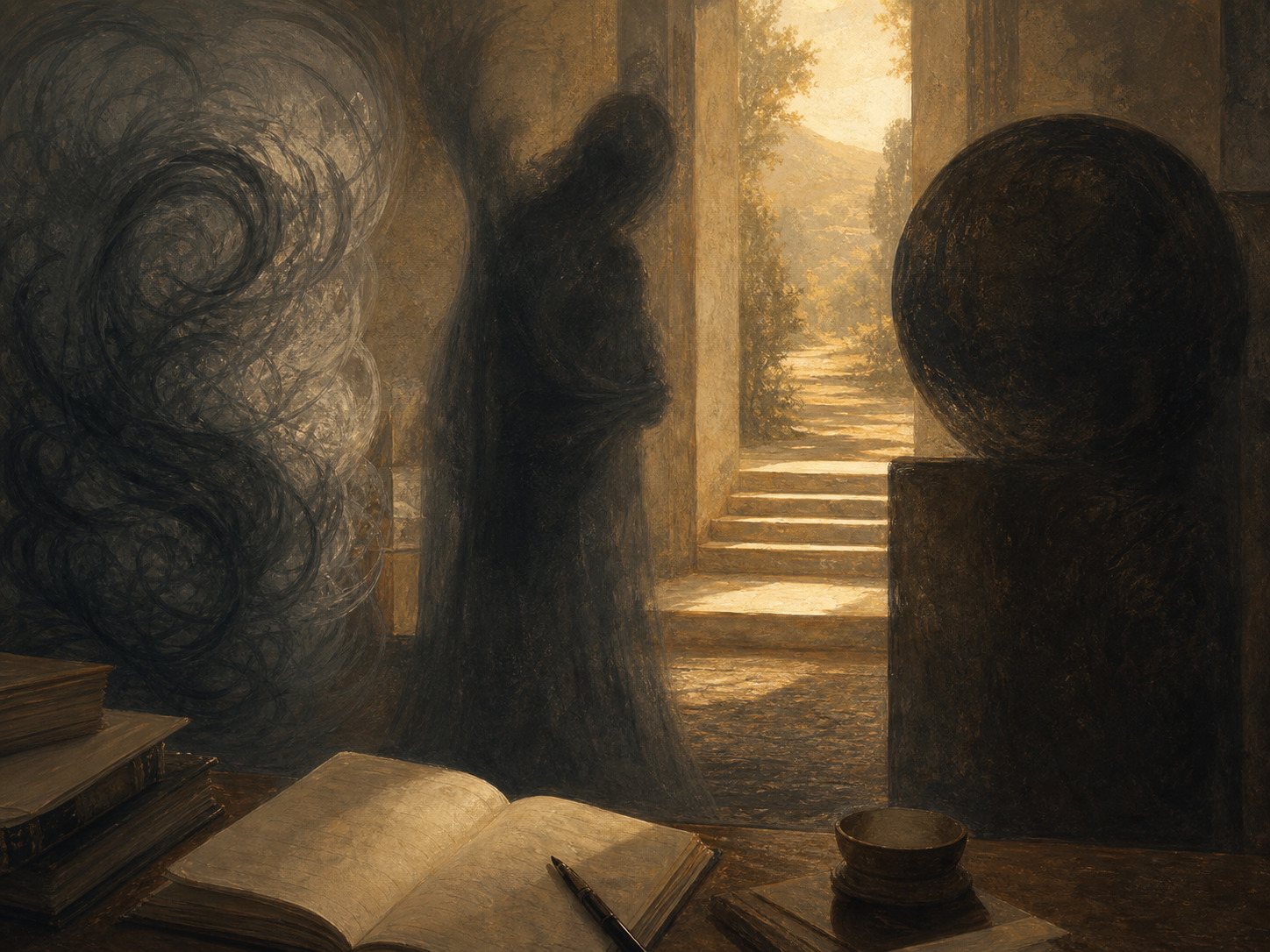 A dim study doorway with three shadowed abstract obstacles and a warm opening of light.