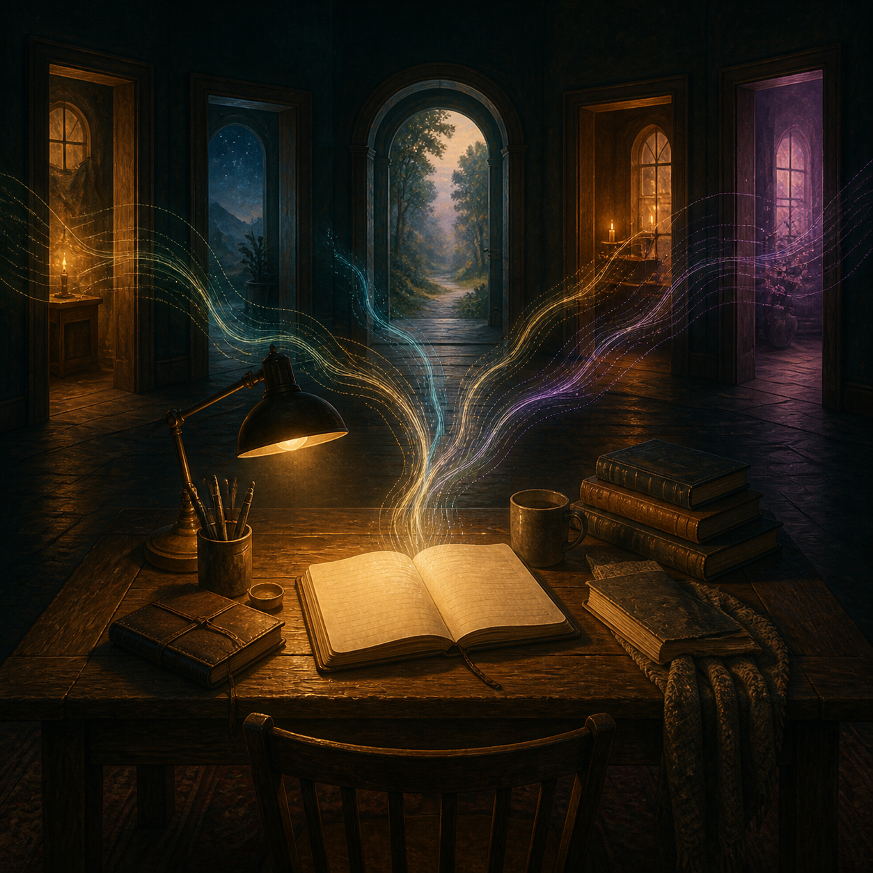 AI-generated editorial illustration of an open journal on a lit table with abstract light paths converging from several shadowed doorways.