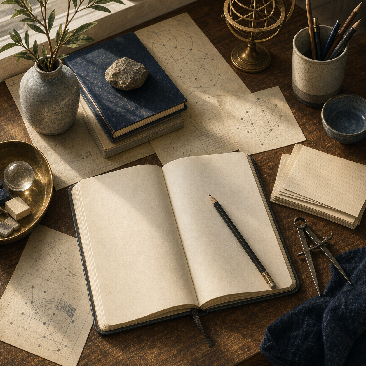 AI-generated editorial illustration of a blank notebook, pencil, compass, index cards, and abstract non-readable diagrams on a desk.