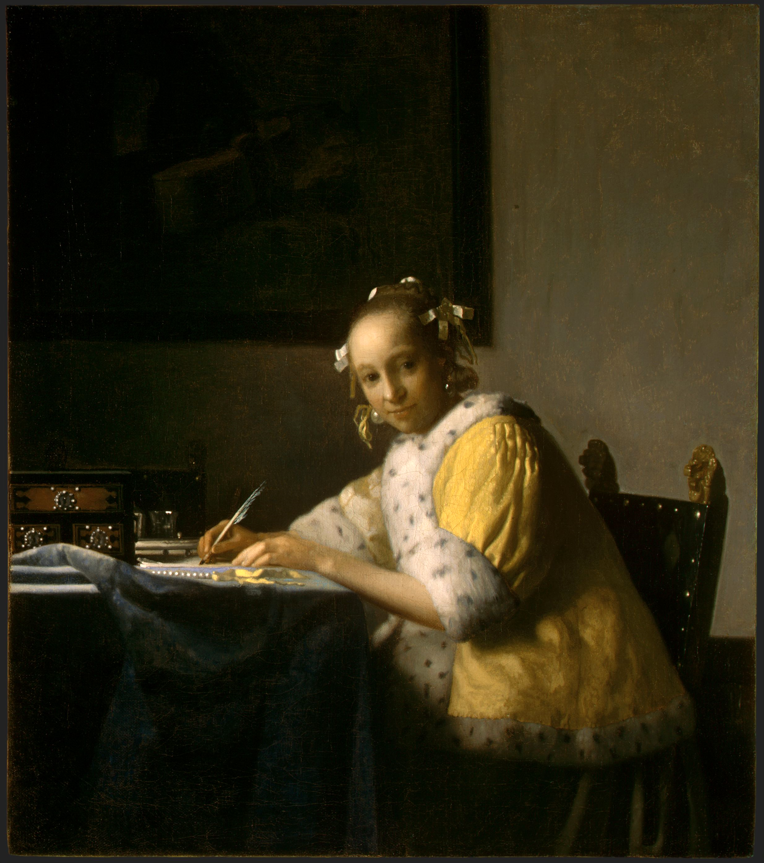 Johannes Vermeer's painting A Lady Writing, showing a woman pausing with pen in hand at a writing desk.