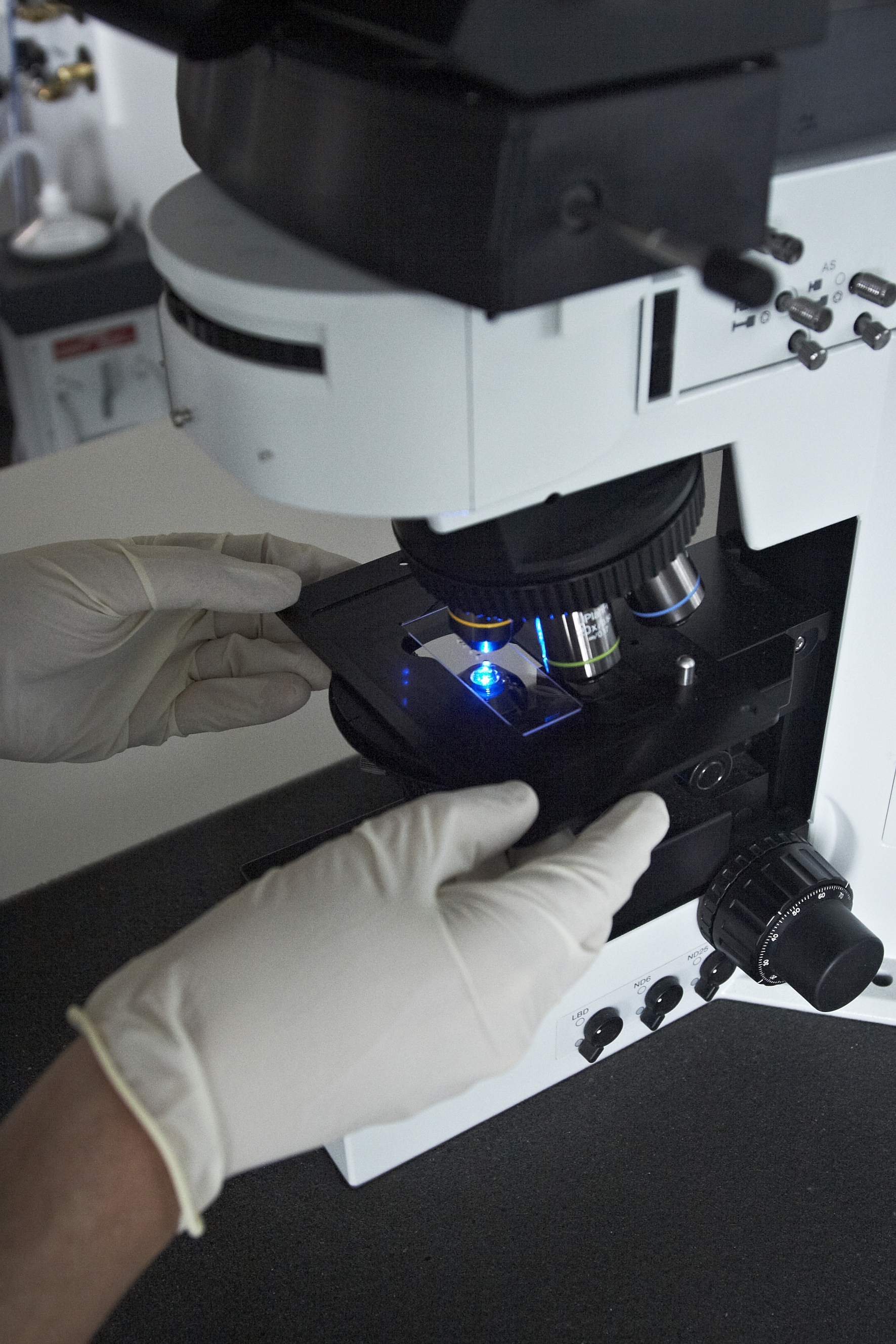 A scientist using a microscope to examine a slide.